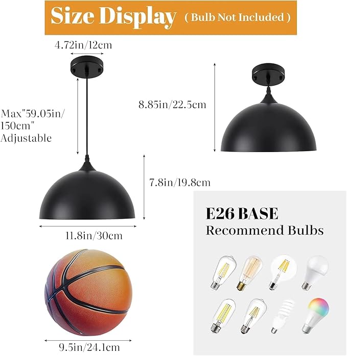 Black Pendant Lights Kitchen Island 2 Pack, 11.8 inches Dome Pendant Light Fixtures, Farmhouse Pendant Light, Modern Pendant Lights for Kitchen Island Dining Room Bedroom