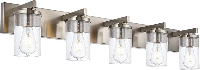 BONLICHT Brushed Nickel Bathroom Light Fixtures 5 Light Modern Vanity Lights Industrial Glass Wall Sconce Farmhouse Bath Lighting Over Mirror Wall Mount for Kitchen Living Room Hallway Workshop