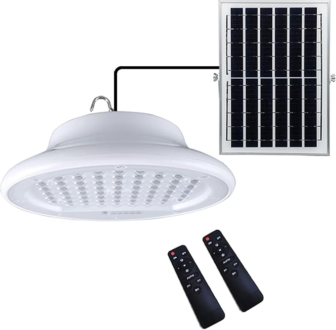 HULPPRE Solar Shed Light-Daytime or Night,96Leds Brighter White Solar Light Indoor&Outdoor with 2 Remotes,IP65 Barn/Chicken Coop/Workshop/Ceiling/Pendant Lamp for Patio,Garden,Yard,Gazebo