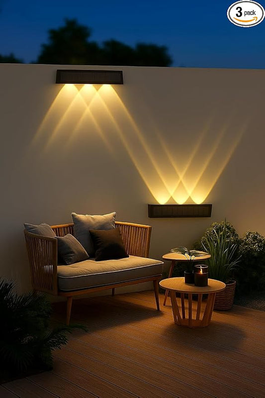 Solar Wall Lights Outdoor Waterproof 3 Pack, Up & Down Warm White LED Lighting, 12 Hours Dusk to Dawn Solar Fence Lights for Garden, Porch, Patio, Sconce, Garage, Pathway - Easy Install