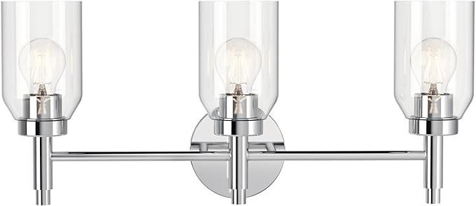Kichler Madden 3-Light Bathroom Vanity Light Fixture with Clear Glass in Chrome, Modern Soft Design for Single Vanity Over Mirror, E26 Medium Base (10.5" x 24"), 55185CH