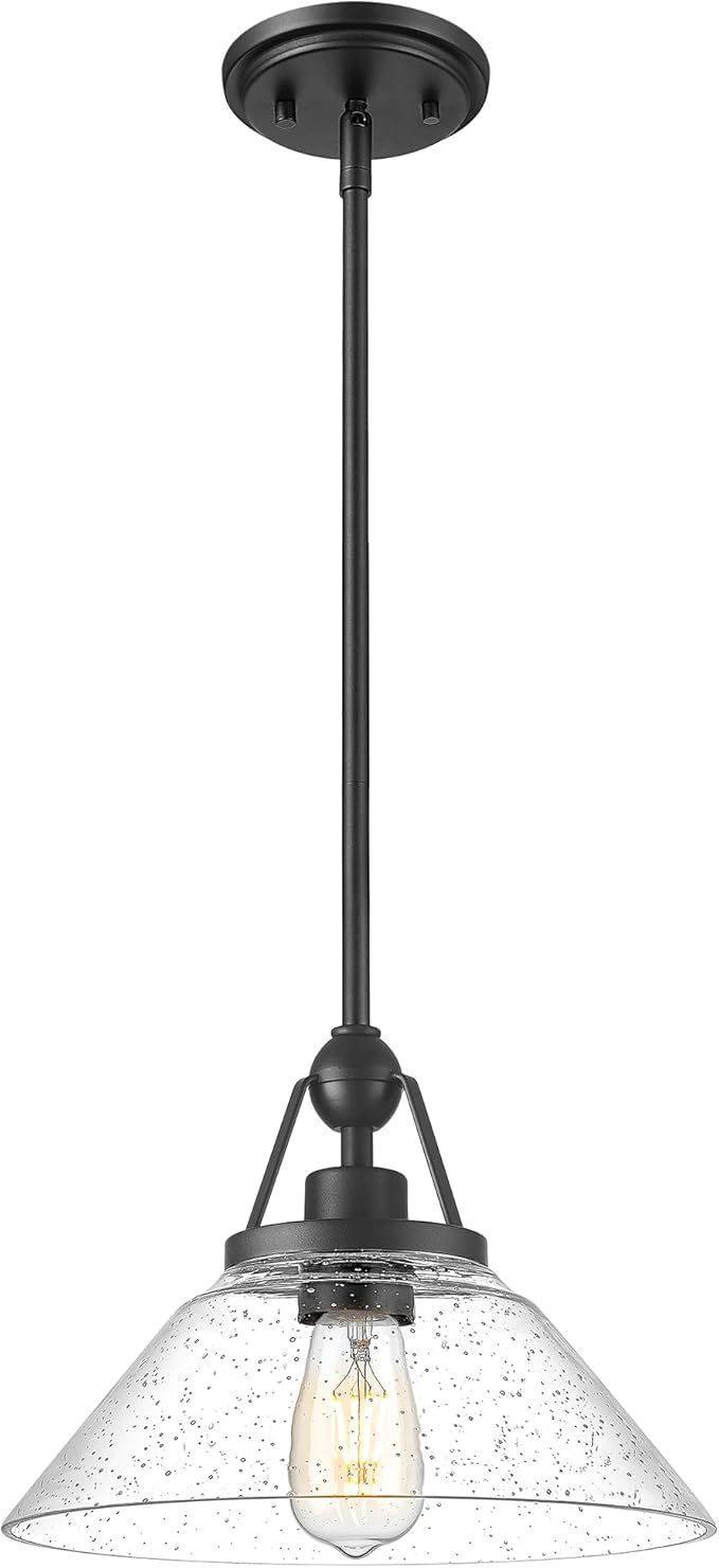 Black Pendant Light, HWH Hanging Light Fixtures for Dining Room, Bedroom, Glass Pendant Light for Kitchen Island with Seeded Glass, 5HYS89MIL-G1 BK