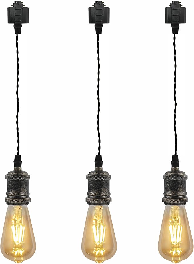 Kiven H-Type Track Lighting Pendants,Industrial h Track Pendant Lights with 48 Inch Cord Length Black Weave Rope,3 Pack Track Lighting Fixture,Rusty Gold Finish