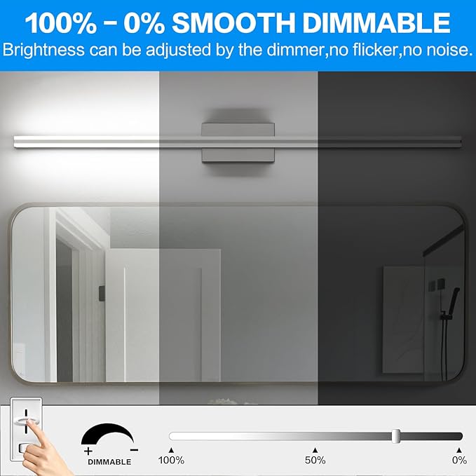 SOLFART Bathroom Vanity Lights Over Mirror 48 Inch Dimmable Brushed Nickel Bathroom Light Fixtures 30W LED Lights S8200-1220mm-NK-D