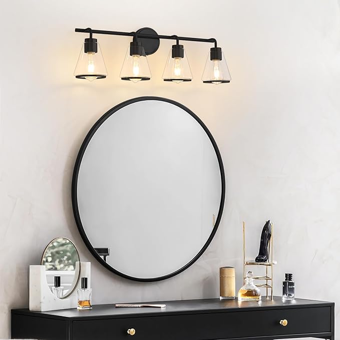 Black Bathroom Light Fixtures 4 Light Bathroom Vanity Lights Over Mirror with Clear Glass Shade, 30 Inch Vanity Lights for Bedroom Modern Wall Sconce Lighting (Exclude E26 Bulb)
