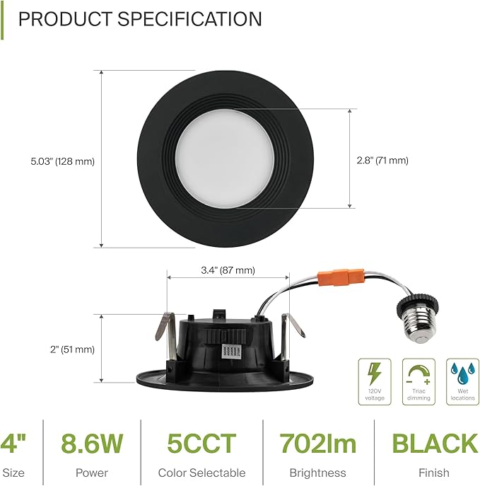 ASD 6 Pack Black 4 Inch Retrofit LED Recessed Light - 9W 2700K-5000K 700LM Retrofit LED Recessed Lighting 4 Inch, Dimmable Black Recessed Lights, Wet Rated Baffle Trim Can Lights, UL