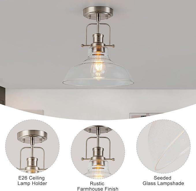 WILON Semi Flush Mount Ceiling Light Fixture, Brushed Nickel Farmhouse Light Fixtures with Clear Glass Shade, Modern Vintage Ceiling Lamp for Kitchen Island Sink Foyer Bathroom Entryway Laundry Room