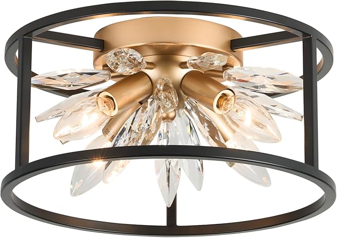 Close to Ceiling Lights - Crystal Ceiling Light Fixture 12-inch Flush Mount Ceiling Lights - E12 Hallway Light - Black and Gold Frame, C1879-R