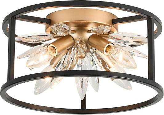 Close to Ceiling Lights - Crystal Ceiling Light Fixture 12-inch Flush Mount Ceiling Lights - E12 Hallway Light - Black and Gold Frame, C1879-R