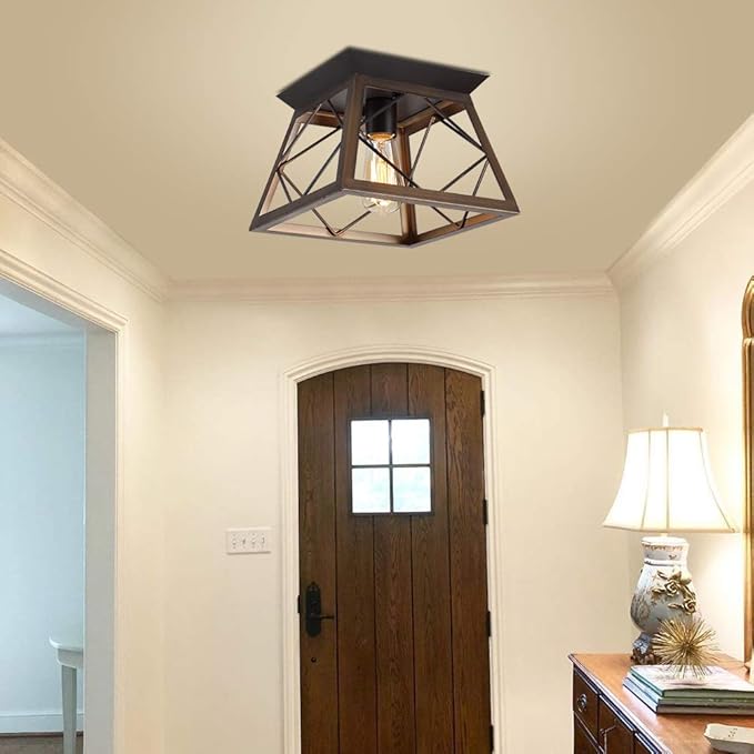 Q&S Flush Mount Ceiling Light Fixture,Farmhouse Vintage Lights,Industrial Metal Lamp for Hallway, Entryway, Bathroom ORB+Brush Brown,1 Light E26