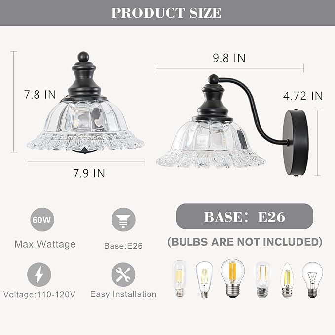 Vintage Wall Sconce Light, Matte Black Bathroom Sconces Wall Lighting, Antique Wall Light Fixture with Clear Flower Glass Shades, Indoor Wall Sconces for Living Room Bedroom, 1-Light Wall Lamp