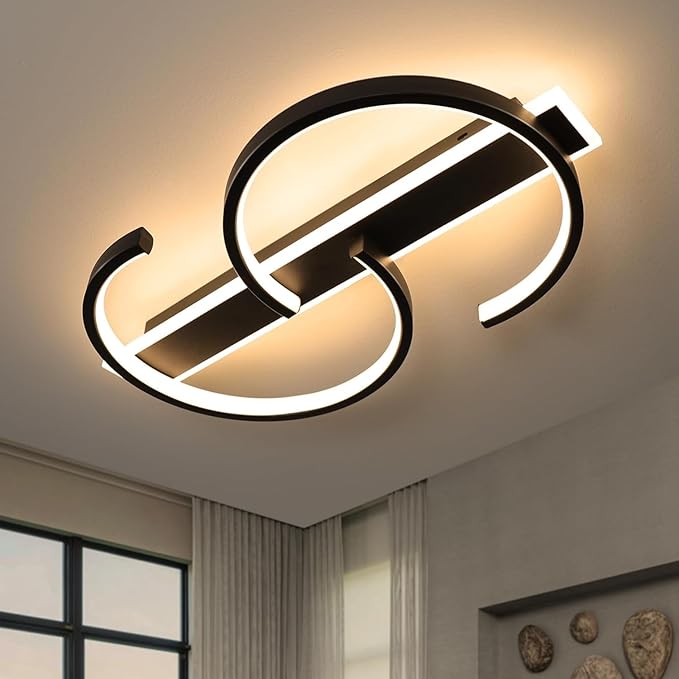 15.7" LED Ceiling Light, 2 Rings Design Flush Mount Ceiling Light with Remote Control, 35W Matte Black Dimmable 3000-6000K, Modern Light fixtures Ceiling for Bedroom Living Room Dining Room