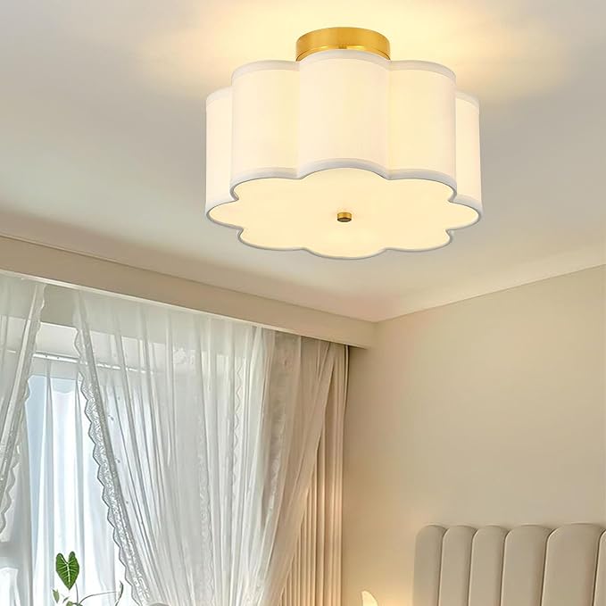 13.3"Semi Flush Mount Ceiling Light Fixture, 3-Light Modern Close to Ceiling Light With Fabric Flower-Shaped Shade, Light Fixtures Ceiling Mount for Bedroom Nursery Kids Room Living Room(Gold)