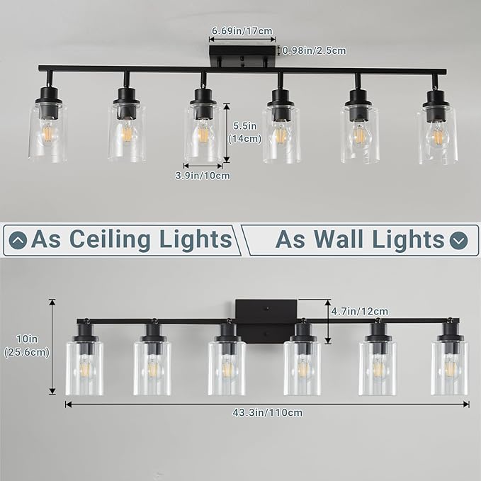 LOUSACE 6 Light Kitchen Track Light Fixtures Ceiling Vanity Lights Black, Bathroom Track Lighting Kit w/Rotatable Heads & Clear Glass Shade, Modern Wall Ceiling Tracking Light for Accent Shop Hallway