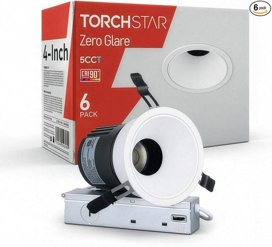 TORCHSTAR 4 Inch 5CCT Anti Glare LED Recessed Lights with J-Box, Deep Recessed Zero Glare Canless Downlight, Ultra-Slim Trim Gimbal Ceiling Light, 2700-5000K, Ultra Narrow Frame, ETL FCC, Pack of 6