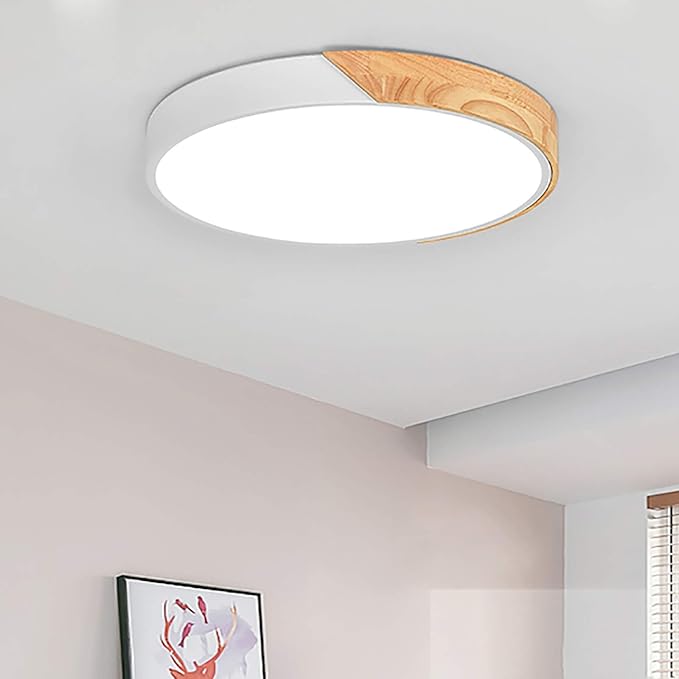 EDISLIVE Modern Minimalist LED Round Shaped Flush Mount Ceiling Light with Remote Control - Dimmable, Wood & Metal & Acrylic, 19 Inch, White
