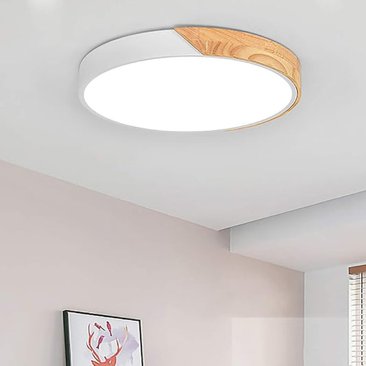 EDISLIVE Modern Minimalist LED Round Shaped Flush Mount Ceiling Light with Remote Control - Dimmable, Wood & Metal & Acrylic, 19 Inch, White
