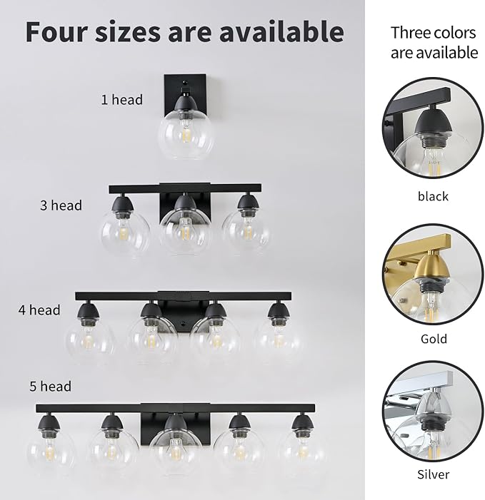 Bathroom Light Fixtures, 1-Light Matte Black Vanity Light with Hand-Blown Globe Glass Shade, High Clarity & Durable, Wall Sconce for Mirror, Kitchen, Bedroom, Hallway-2P