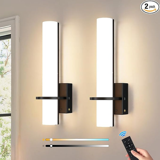 AIJIASI Black Battery Operated Wall Sconces Set of 2, 10000mAh Rechargeable Wireless Wall Sconce with Remote Control, 3000K-6000K Dimmable LED Wall Lights for Living Room Bedroom Hallway 15 Inch