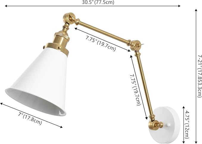 JONATHAN Y 7" White/Brass Gold Classic Industrial Metal Adjustable Arm LED Wall Sconce for Bedside Reading, Farmhouse Swing Arm Wall Lamp with Metal Shade, Hardwired (JYL7462B-SET2)