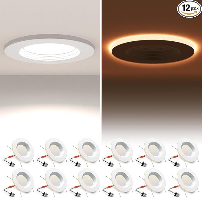 POWERASIA 12 Pack 4 Inch LED Can Lights with Night Light, 5CCT Retrofit Recessed Lighting Selectable 2700K-6000K Dimmable, 9W=55W, 630LM Downlight with Metal Smooth Trim - ETL and Energy Star
