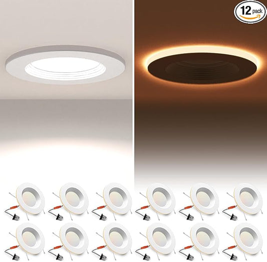 POWERASIA 12 Pack 4 Inch LED Can Lights with Night Light, 5CCT Retrofit Recessed Lighting Selectable 2700K-6000K Dimmable, 9W=55W, 630LM Downlight with Metal Smooth Trim - ETL and Energy Star