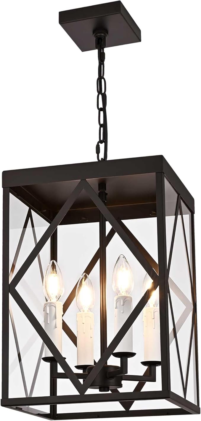 Exterior Hanging Lantern Porch Pendant Lights with Clear Glass Oil Rubbed Brozne Outdoor Pendant Light Adjustable Outside Chandelier Ceiling Mount or Front Porch Entrance Patio Foyer, 4 Light