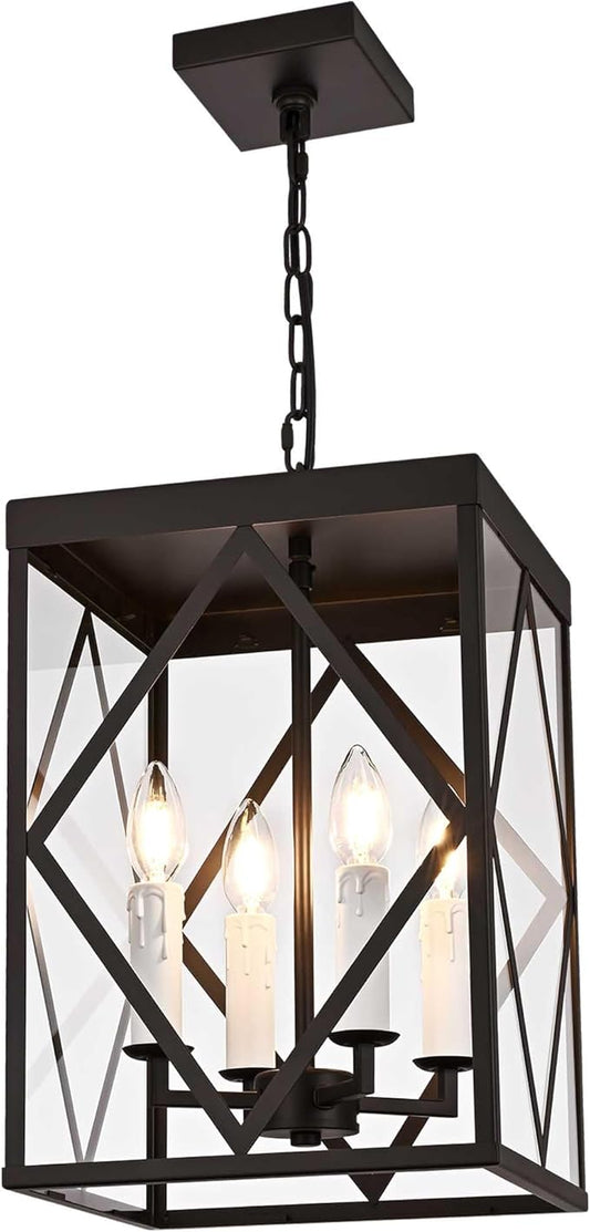 Exterior Hanging Lantern Porch Pendant Lights with Clear Glass Oil Rubbed Brozne Outdoor Pendant Light Adjustable Outside Chandelier Ceiling Mount or Front Porch Entrance Patio Foyer, 4 Light