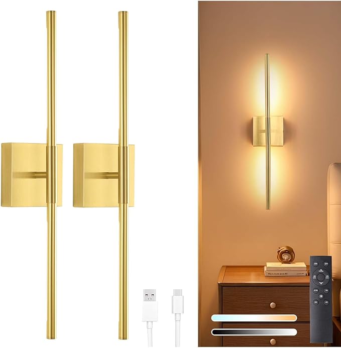 Shenmoyl Battery Operated Wall Sconce Set of 2, 8000mAh Wireless Wall Sconces, 3000K-6000K Dimmable, 350°Rotate, Indoor Wall Lights for Bedroom Living Room Bathroom, Gold, 23.6 Inch