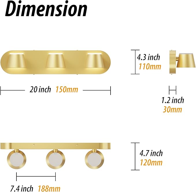 URSOLA 3 Light Bathroom Vanity Light, LED Gold Wall Light Fixtures, Up and Down Rotatable Dimmable 20 inch Bathroom Lighting Fixtures Over Mirror