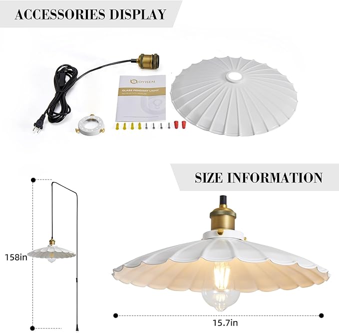 Hanging Lamp Plug in White 15.7 Inch Metal Lampshade Pendant Light Adjustable 14Ft Cord Pendant Light Plug in Living Room Bedroom Farmhouse Industrial Hanging Lights