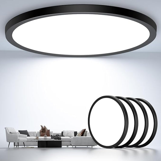 Flush Mount Ceiling Light Fixtures,12inch Flat led Light for Ceiling,6500K 3200LM Ultra Thin Round Black Lamp for Bedroom Kitchen,Bathroom,Garage,Living Room, Dining Room - 4PCS