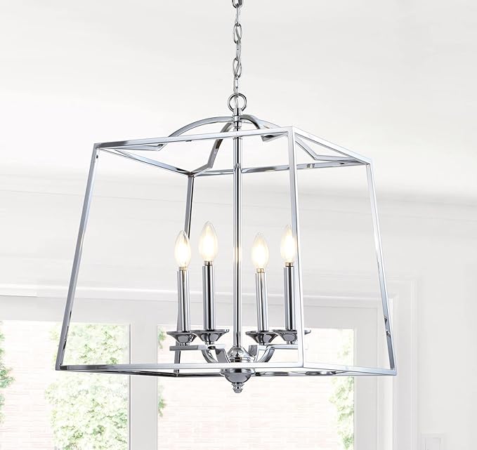 JONATHAN Y 19" Chrome 4-Light Metal Lantern Pendant Light, Adjustable LED Hanging Ceiling Fixture for Kitchen Island, Foyer, Entryway and Dining Room, ETL Listed (JYL7411A)