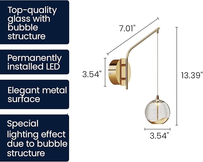 13" Gold Hanging Wall Sconce Vintage, Integrated LED Bubble Glass Globe, Modern Art Deco Hanging Wall Light for Bedroom, Living Room and Bathroom, 3000K Warm White, Hardwired
