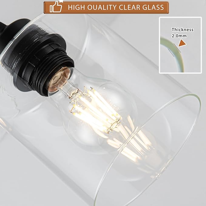 1 Light Pendant Lights Kitchen Island, Modern Farmhouse Hanging Light Fixture, 39Inches Adjustable Black Ceiling Light for Dining Room, E26 Base, Clear Glass Shape