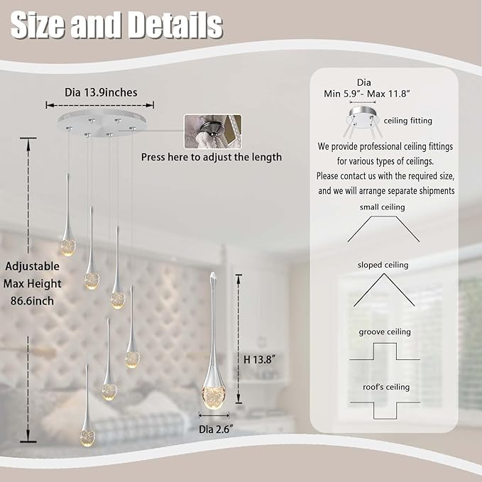 ykolupty H86 Pendant Lights Kitchen Island 6-Lights Pendant Chandelier for Dining Room Hallway Stairwell,Silver Chandelier Suit for Sloping Ceiling LED Dimmable 2700K-6000K