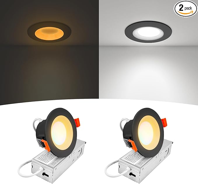 3 Inch Anti-Glare Recessed LED Lights with Night Light, Deep Baffle Downlight, Dimmable, 2700K-5000K 5CCT Selectable, with Junction Box, Canless, 680lm, ETL Listed, Black, 2-Pack