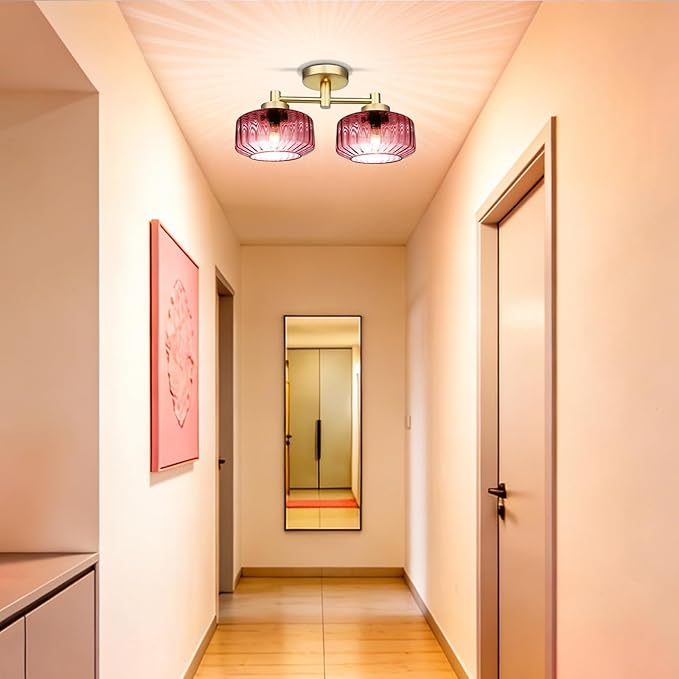 2-Light Purple Flush Mount Ceiling Light Fixture, Modern Close to Ceiling Chandelier, Overhead Lighting for Bedroom, Hallway, Entryway, Living Room, Easy to Install