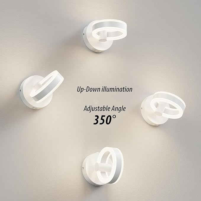LED Wall Sconces Set of Two with ON/Off Switch, White Rotatable Hardwired Wall Light Fixtures, Built in USB Charging Port, Modern Wall Decor for Bed Lighting.