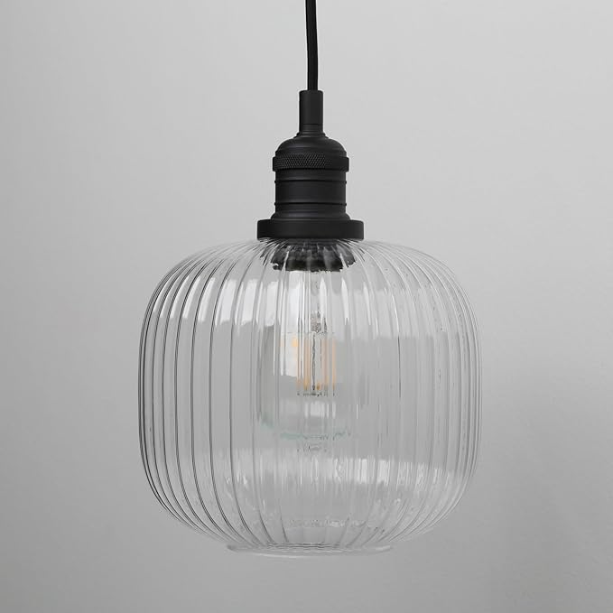 Pathson Modern Pendant Light Fixture Striped Globe Glass, Adjustable Textile Cord Hanging Lighting, Hardwired Pendant Lamp Decor for Dining Room Hotels Living Room Bedroom Kitchen
