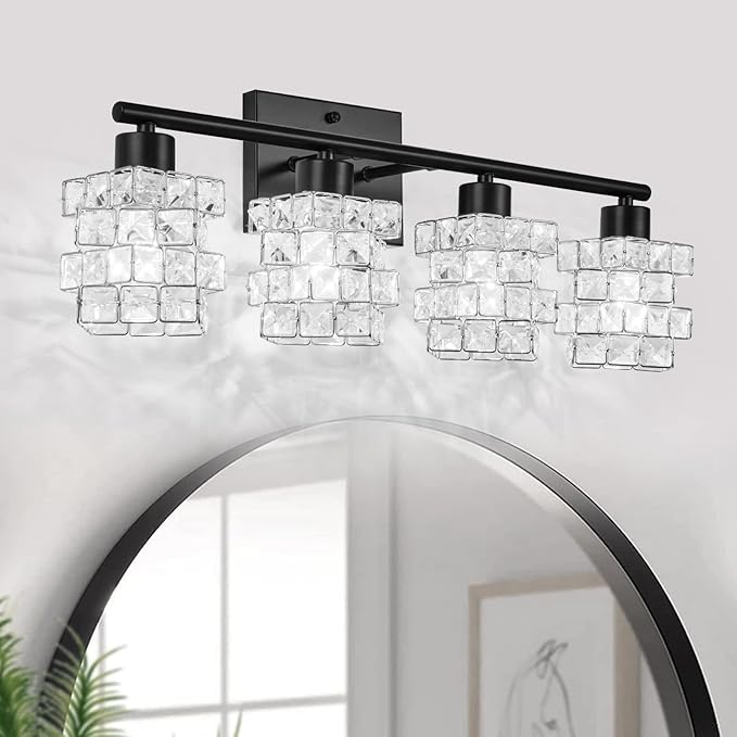 4 Lights Bathroom Vanity Light, Crystal Bathroom Light Fixture Over Mirror, Matte Black & Crystal Indoor Wall Lights | Chrome Glass Modern Lampshade for Sink, Mirror & Foyer Corridor