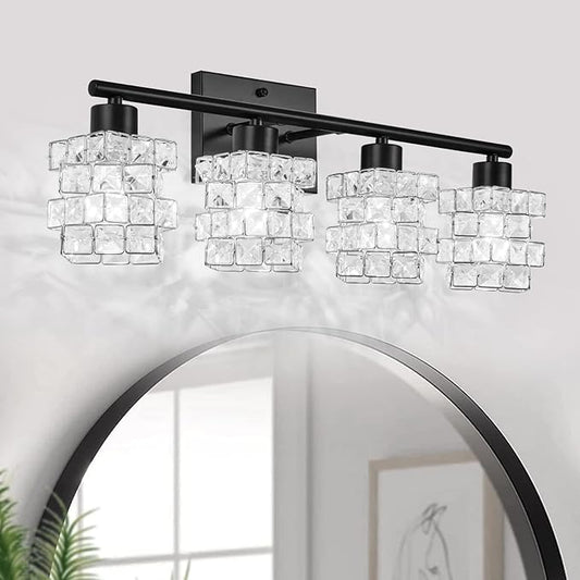 4 Lights Bathroom Vanity Light, Crystal Bathroom Light Fixture Over Mirror, Matte Black & Crystal Indoor Wall Lights | Chrome Glass Modern Lampshade for Sink, Mirror & Foyer Corridor