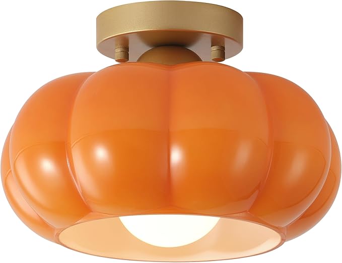 Vintage Semi Flush Mount Ceiling Light,Mid Century Modern Ceiling Light Fixtures,10 Inch Orange Glass Shade with a Gold Base,for Bedroom, Kitchen, Hallway, Entryway, and Balconie