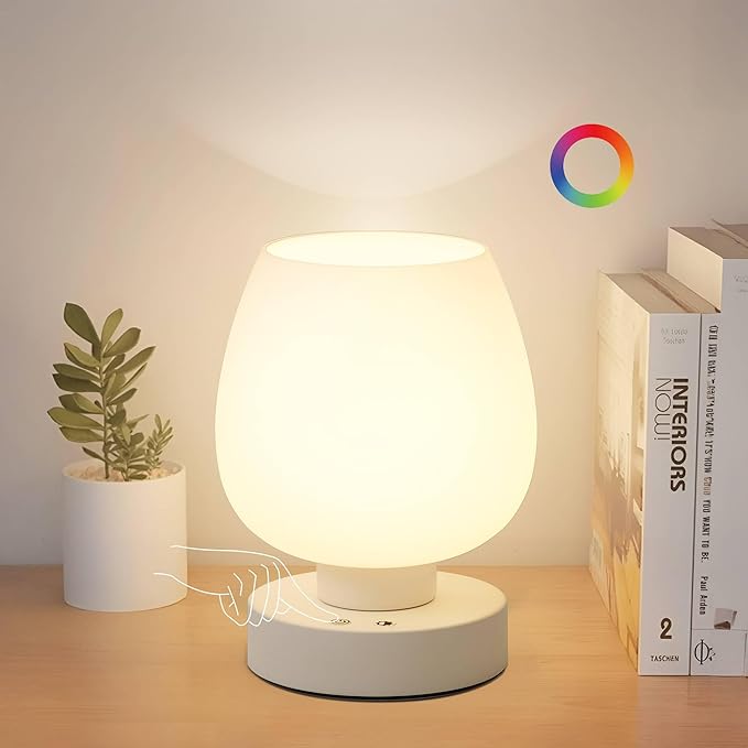 KARTOOSH Cordless Touch Bedside Table Lamp, Rechargeable Battery Operated Desk Lamps with 8 RGB Colors, Dimmable Small Glass Nightstand Light for Living Room Bedroom Kitchen Counter