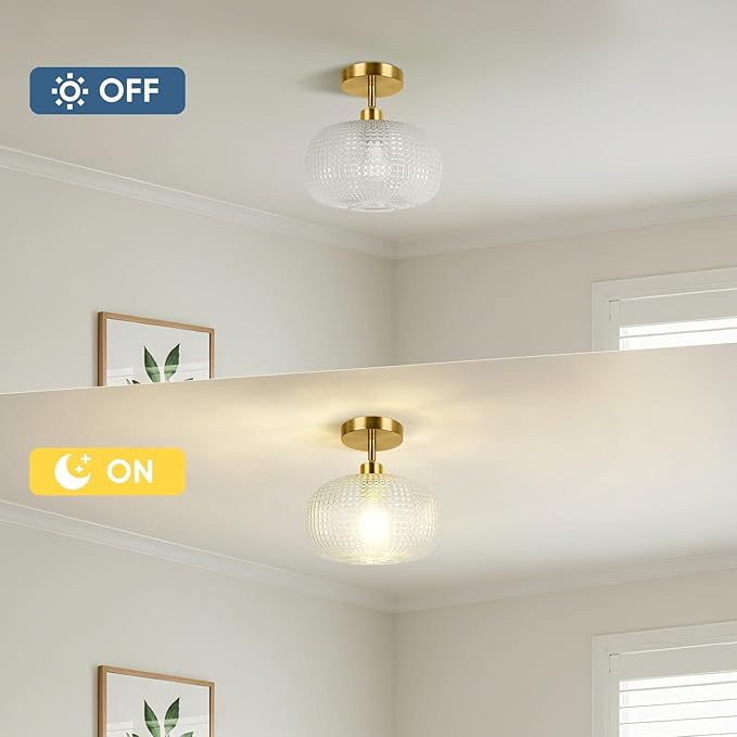 ROTTOGOON Semi Flush Mount Ceiling Light, Adjustable Hanging Gold Sloped Ceiling Lights with Clear Glass Shade Modern Hallway Light Fixtures for Kitchen Bathroom Entryway Bedroom (Bulb Not Included)