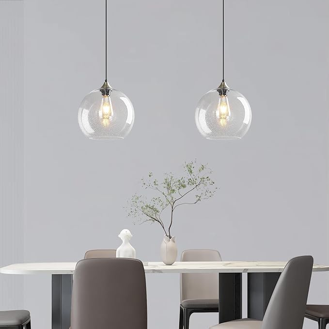 Modern 2-Pack Glass Globe Pendant Lights, Clear Modern Pendant Lighting for Kitchen Island, Clear Glass Hanging Lamps for Dining Room Living Room Bedroom, Medium 7.87 Inch Fixture (Bulbs Not Included)