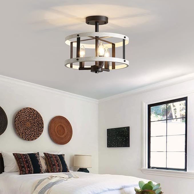 AGV LIGHTING Farmhouse Semi Flush Mount Ceiling Light Fixture There-Light Close to Ceiling Light, White Ash Wood Texture with Black Bronze Finish