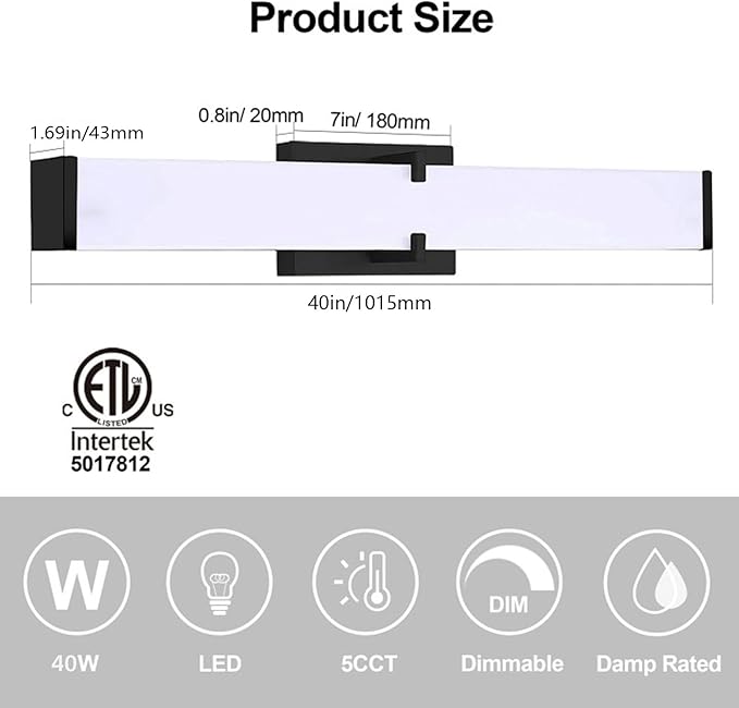 LED Bathroom Vanity Light Cool White 5000K Black Modern Matte Bathroom Lighting Fixtures; 40 Inch IP44 40W Equivalent to Incandescent 350W for Over Mirror Vanity Light - ETL Listed (1 Pack)