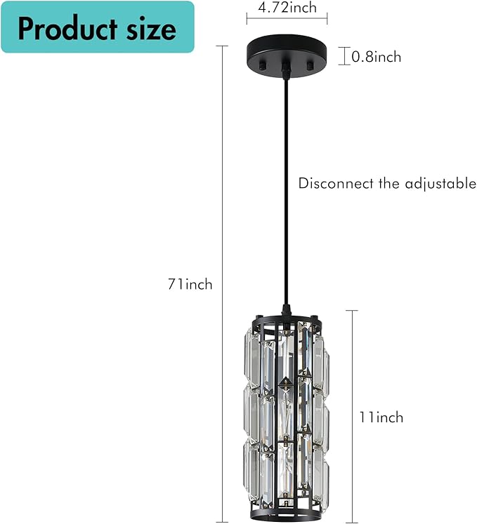 Black Pendant Lights Modern Pendant Light, Mini Crystal Pendant lamp, Adjustable Pendant lamp for Kitchen, Dining Room, Bedroom (Black Pack of 1)