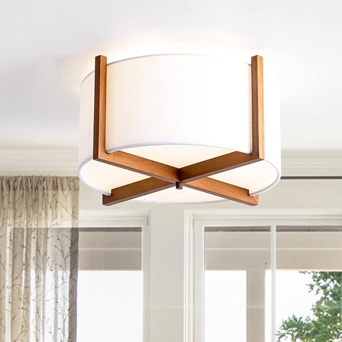 VILUXY Semi-Flush Mount Ceiling Light Fixture with Wood and Off-White Fabric Drum Shade Modern Chandelier for Bedroom, Dining Room, Corridor, Living Room 4-Light